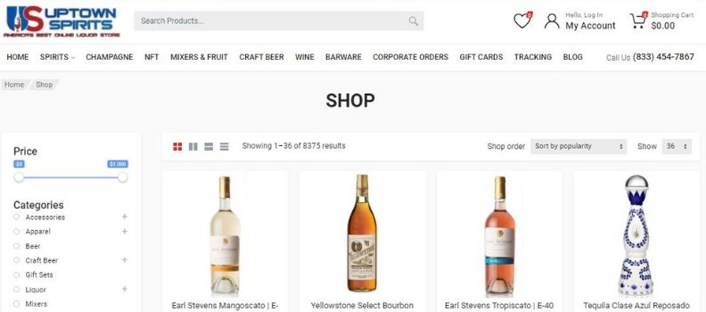 Website of Uptown Spirits